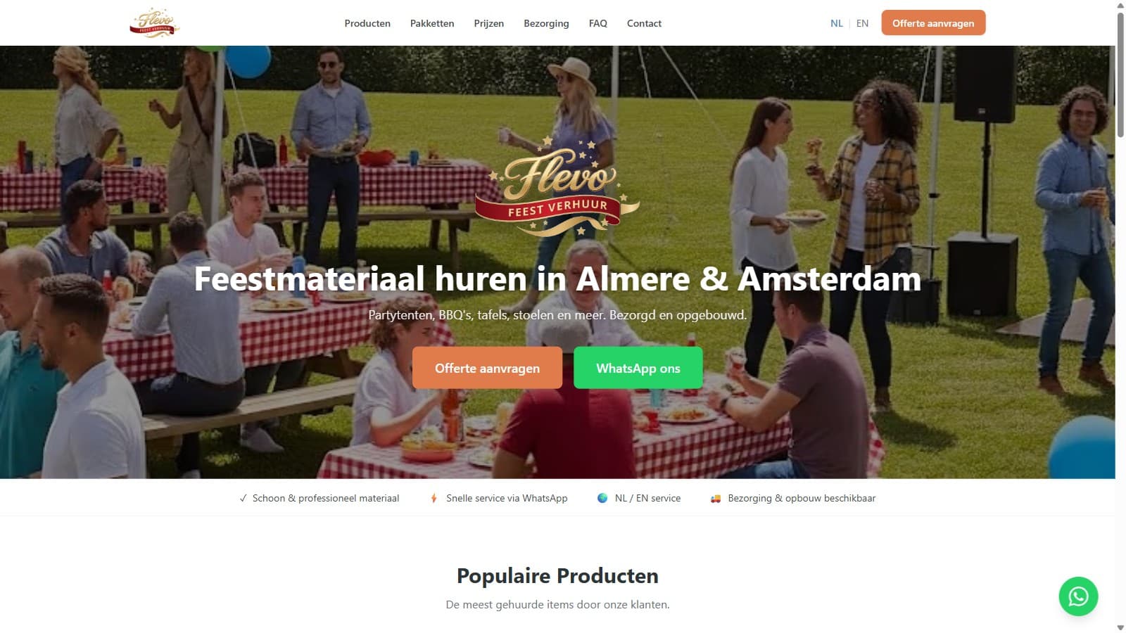 The homepage of flevofeestverhuur.nl: the heading about renting party equipment in Almere and Amsterdam, over a photo of a garden party with a marquee and picnic tables, with buttons for a quotation request and WhatsApp and below them the row of service points.