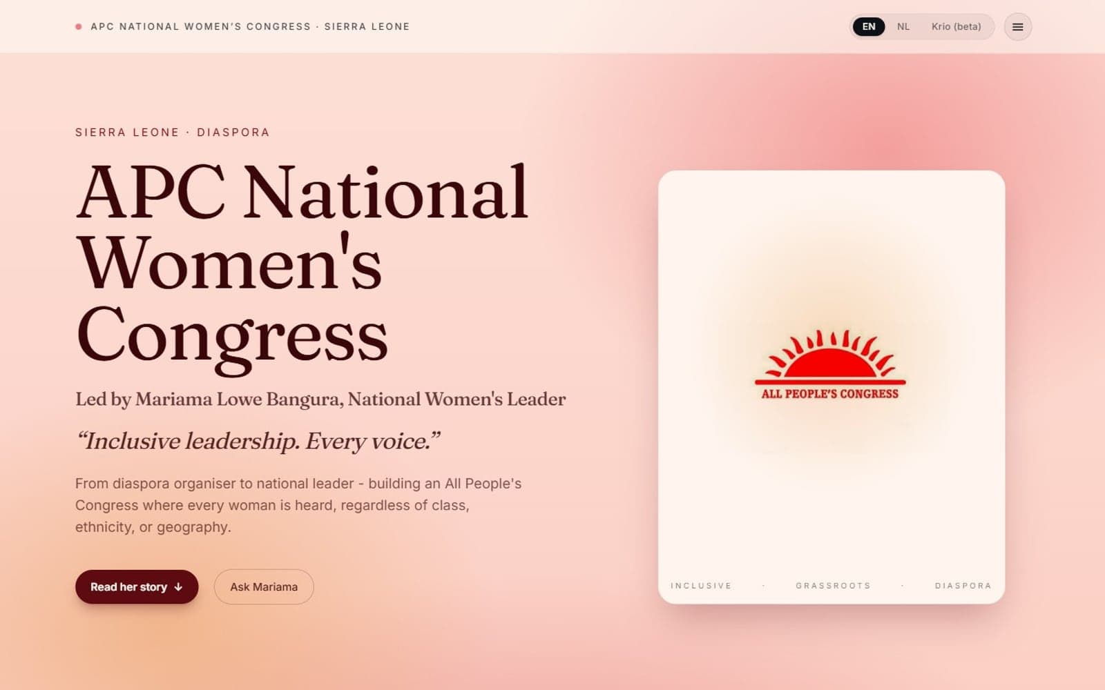 De homepage van de APC National Women's Congress-site: de kop 'APC National Women's Congress' in een serif-letter op een zacht roze verloop, met het All People's Congress-zonlogo ernaast.